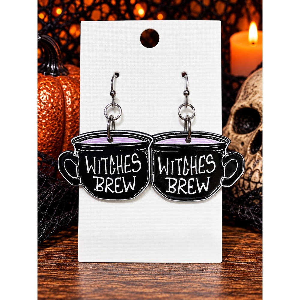 Witches Brew Earrings Witch Potion Cup Halloween Spooky Dangle Earrings Black